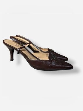 Anne Klein Brown Leather Pointy Toe Slingback Heels
